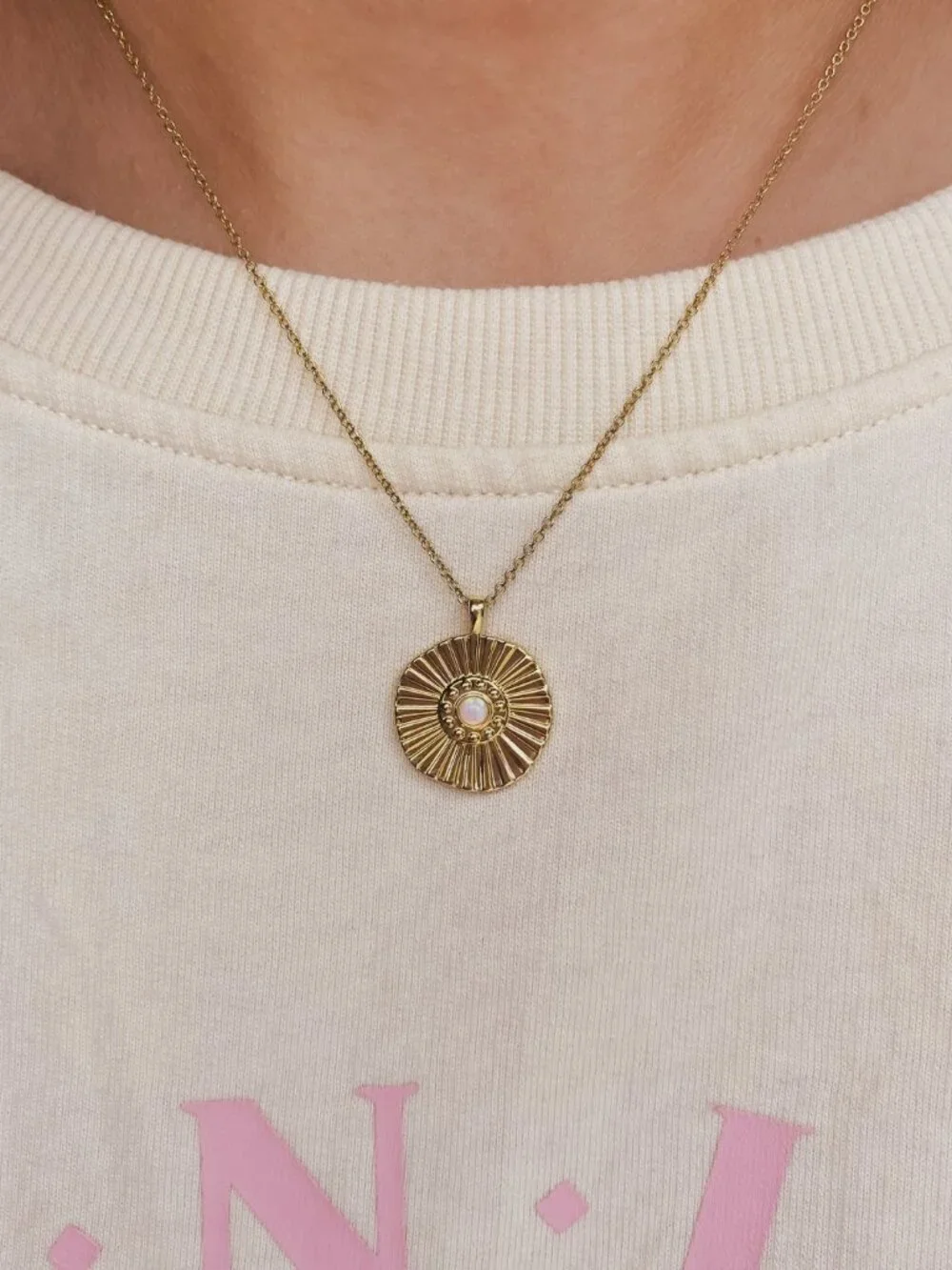 Gorjana Gold Sunburst Opal Gemstone Round Pendant Charm Slider Chain Necklace